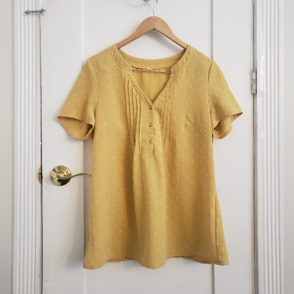 Golden Yellow Swiss Dot Short Sleeve V-neck Blouse With Pintucks Size M